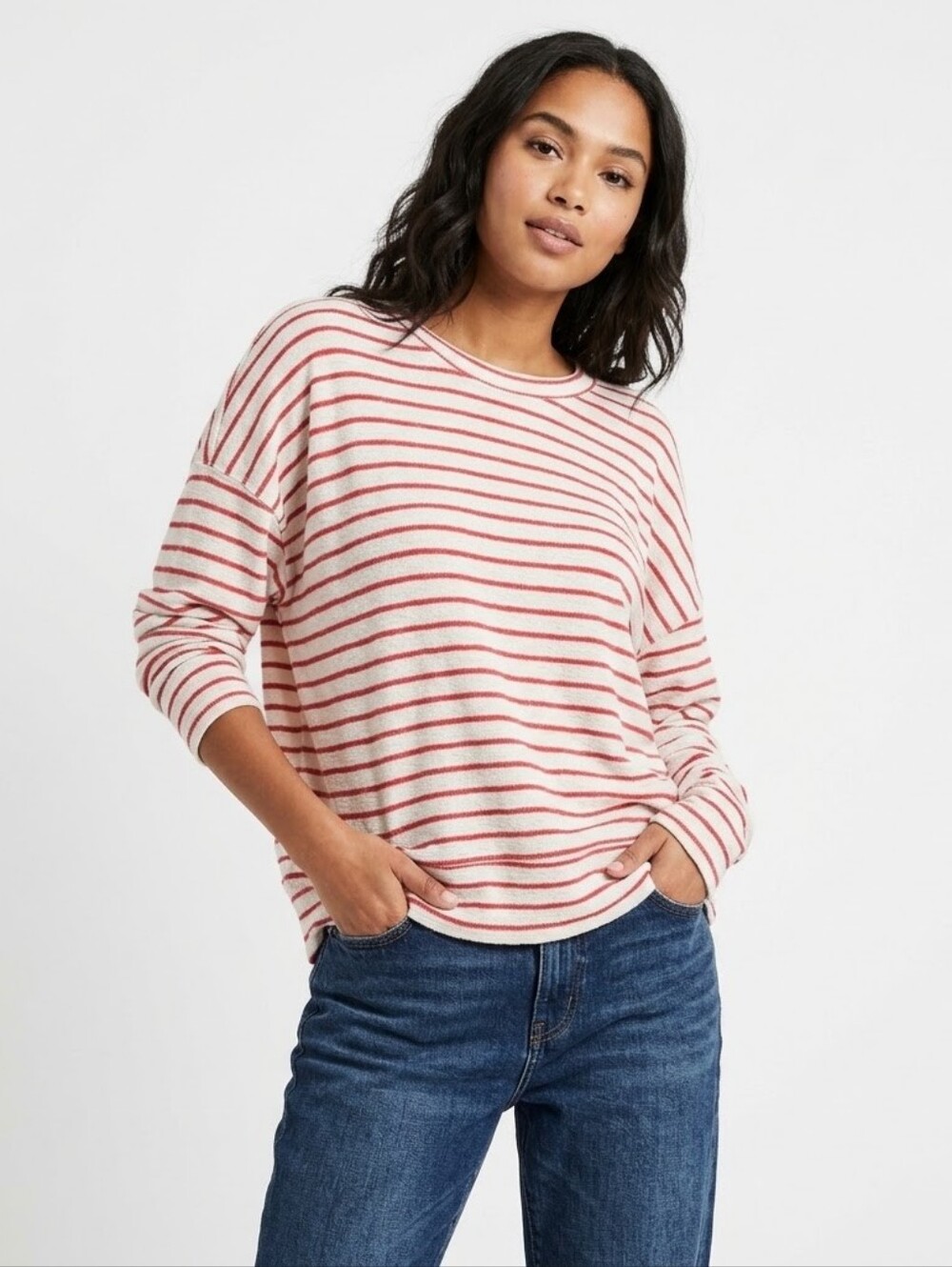 Aerie Striped Oversized Crewneck Terry Sweatshirt Top